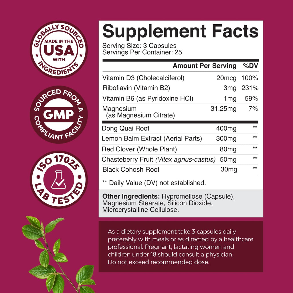 Complete Herbal Menopause Supplement for Women - Soy Free Female Hormone Balance Capsules for Night Sweats Hot Flashes & Mood Swings with Dong Quai, Chaste Berry & Black Cohosh Root - 75 Count Natures Craft Au supplements