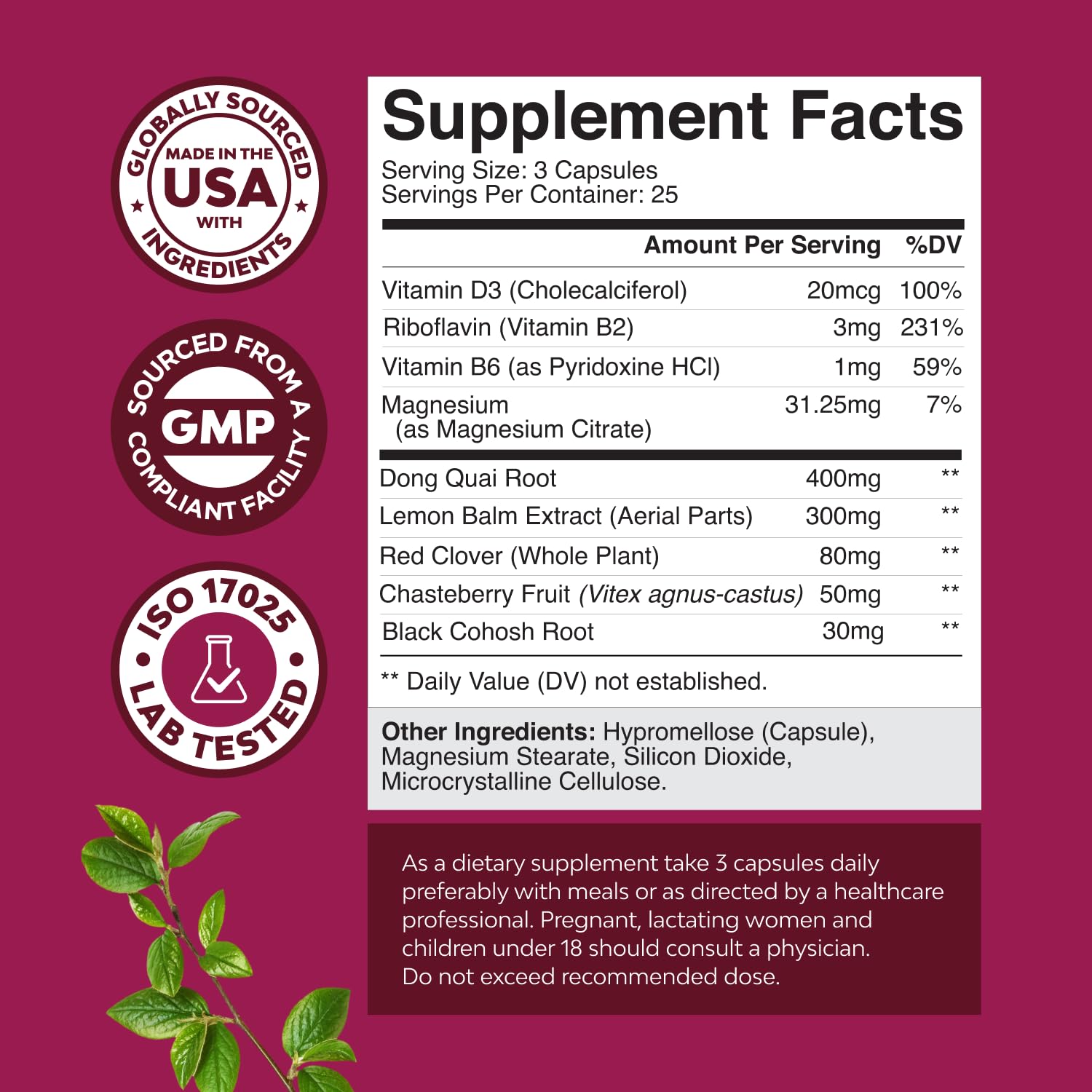 Complete Herbal Menopause Supplement for Women - Soy Free Female Hormone Balance Capsules for Night Sweats Hot Flashes & Mood Swings with Dong Quai, Chaste Berry & Black Cohosh Root - 75 Count Natures Craft Au supplements