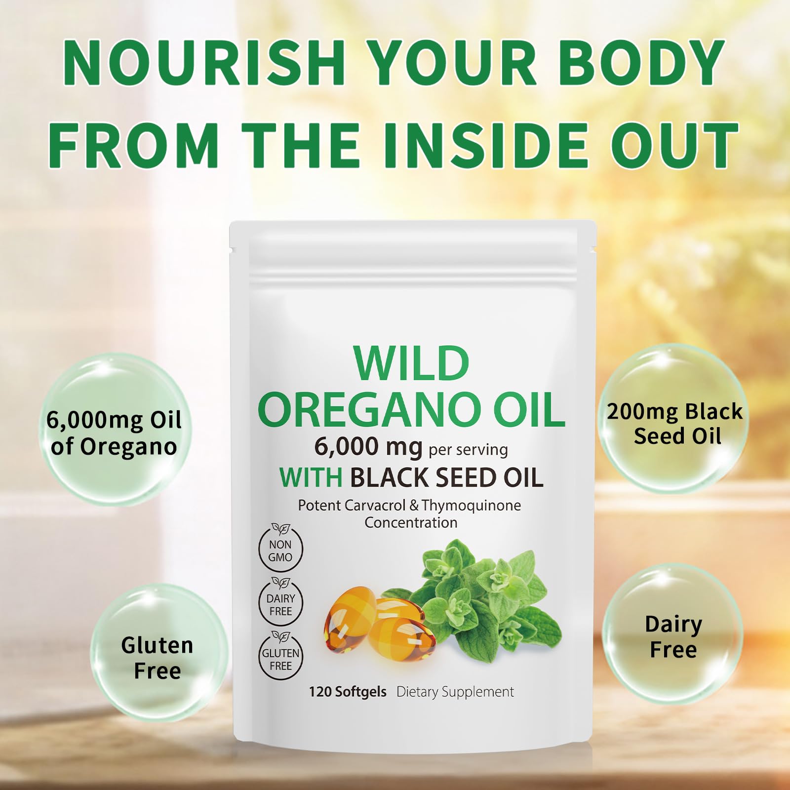 Tooffi Oil of Oregano Softgels,Oregano Oil Capsules Organic,2-in-1 6000mg Oil of Oregano with Black Seed Oil 200mg,Oregano Oil