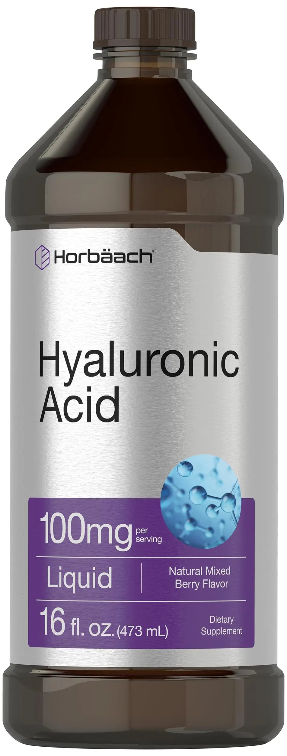 Liquid Hyaluronic Acid Supplement | 100 mg | 16 oz | Mixed Berry Flavor | Non-GMO Horbäach Au supplements