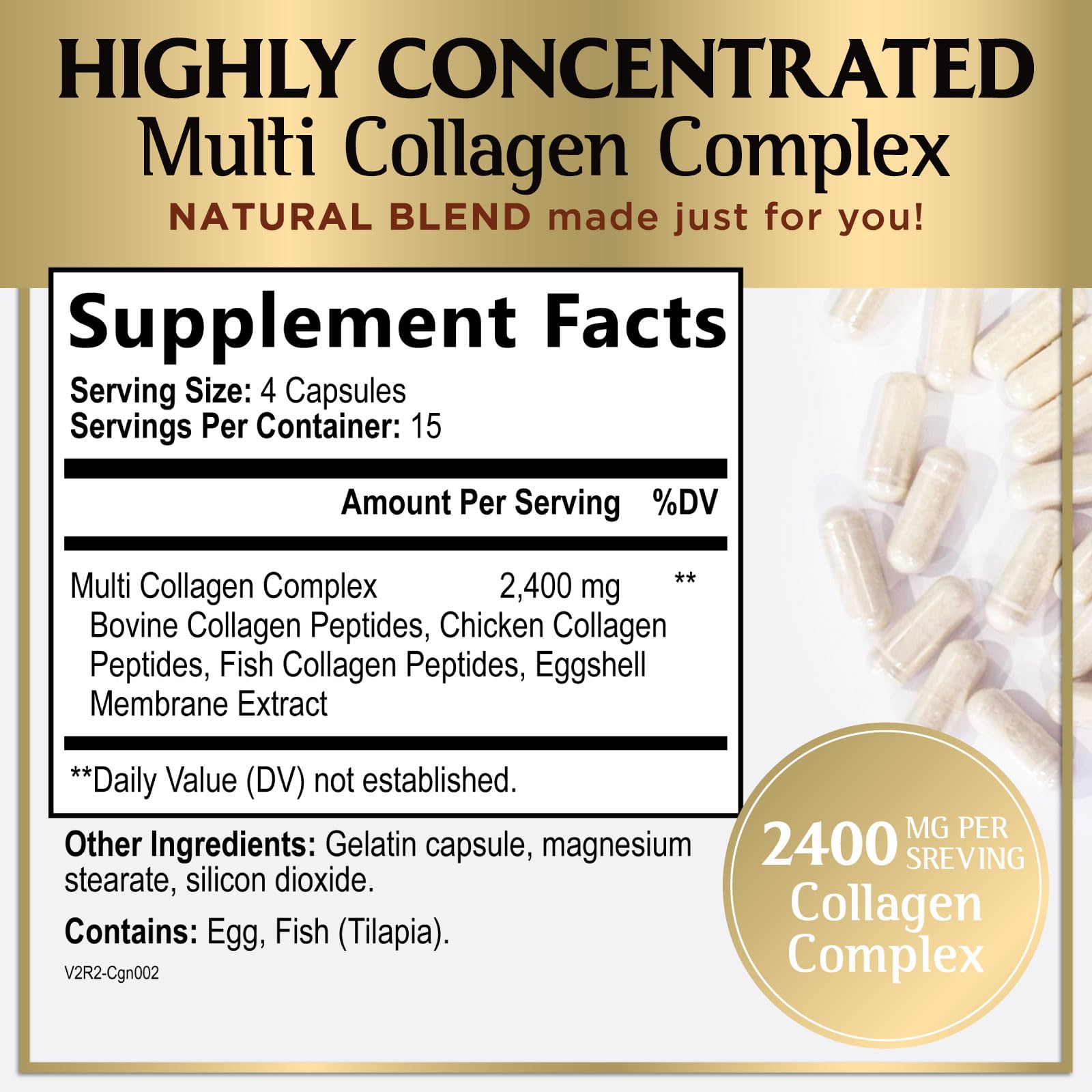 Multi Collagen Peptides for Women & Men - 2400mg per Serving - Best Hydrolyzed Collagen Complex with Type I, II, III, V, X - Hair, Skin, Nails & Joint Support