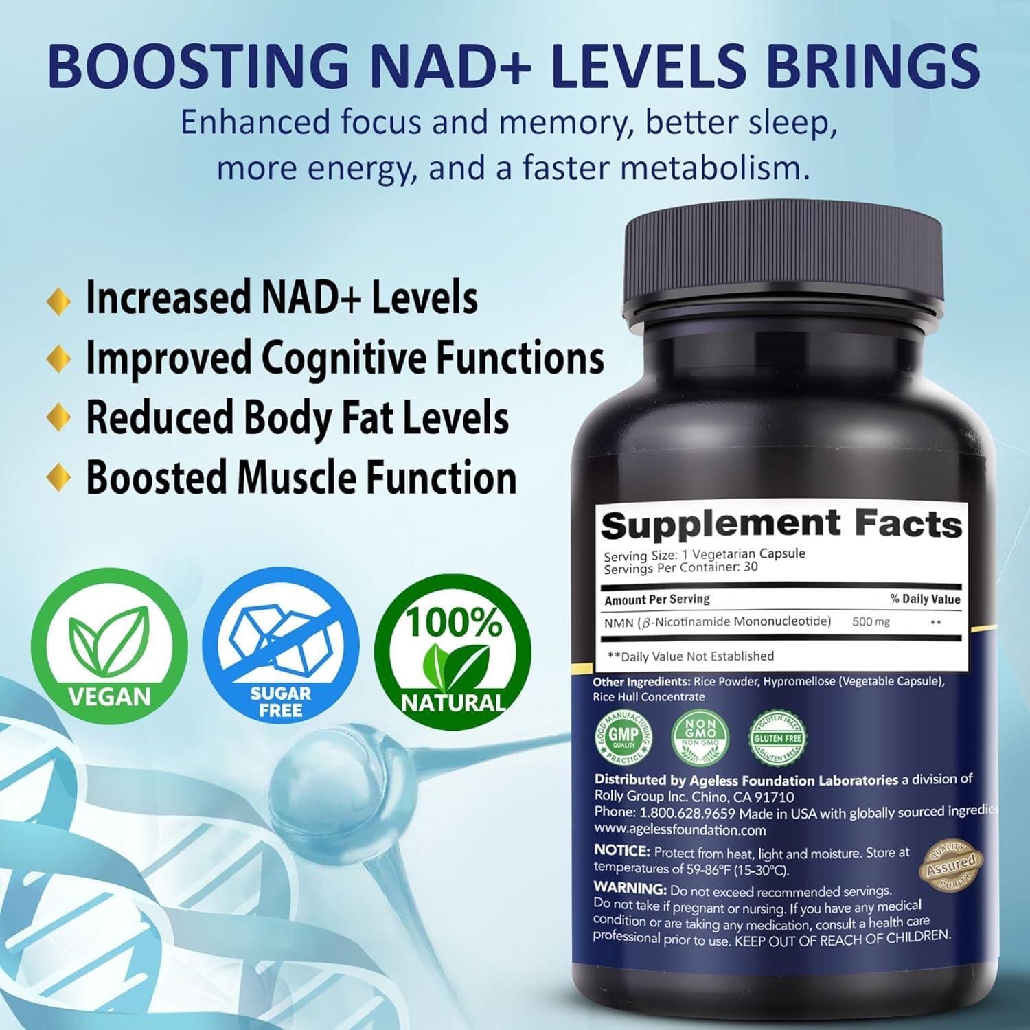 NMN Supplement 500mg Nicotinamide Mononucleotide | Supports NAD+ Levels, Energy, Cognitive Function, Muscle Health & Healthy Body Composition – Capsules (30) Ageless Foundation Laboratories Au supplements