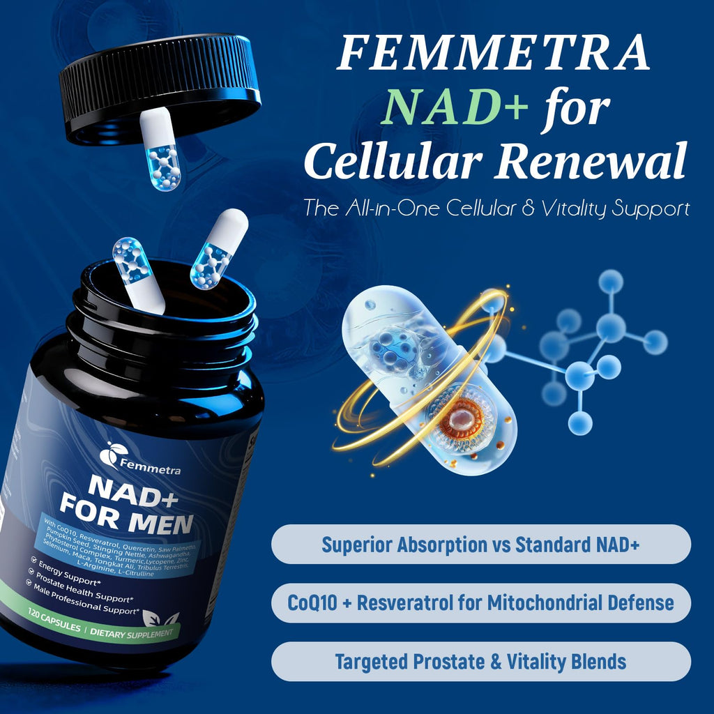 Femmetra NAD+ Supplements for Men with Saw Palmetto | All-in-One Cellular Energy, Prostate Support & Nitric Oxide Supplement with Resveratrol, L-Arginine | Non-GMO, 120 Capsules Femmetra Au supplements