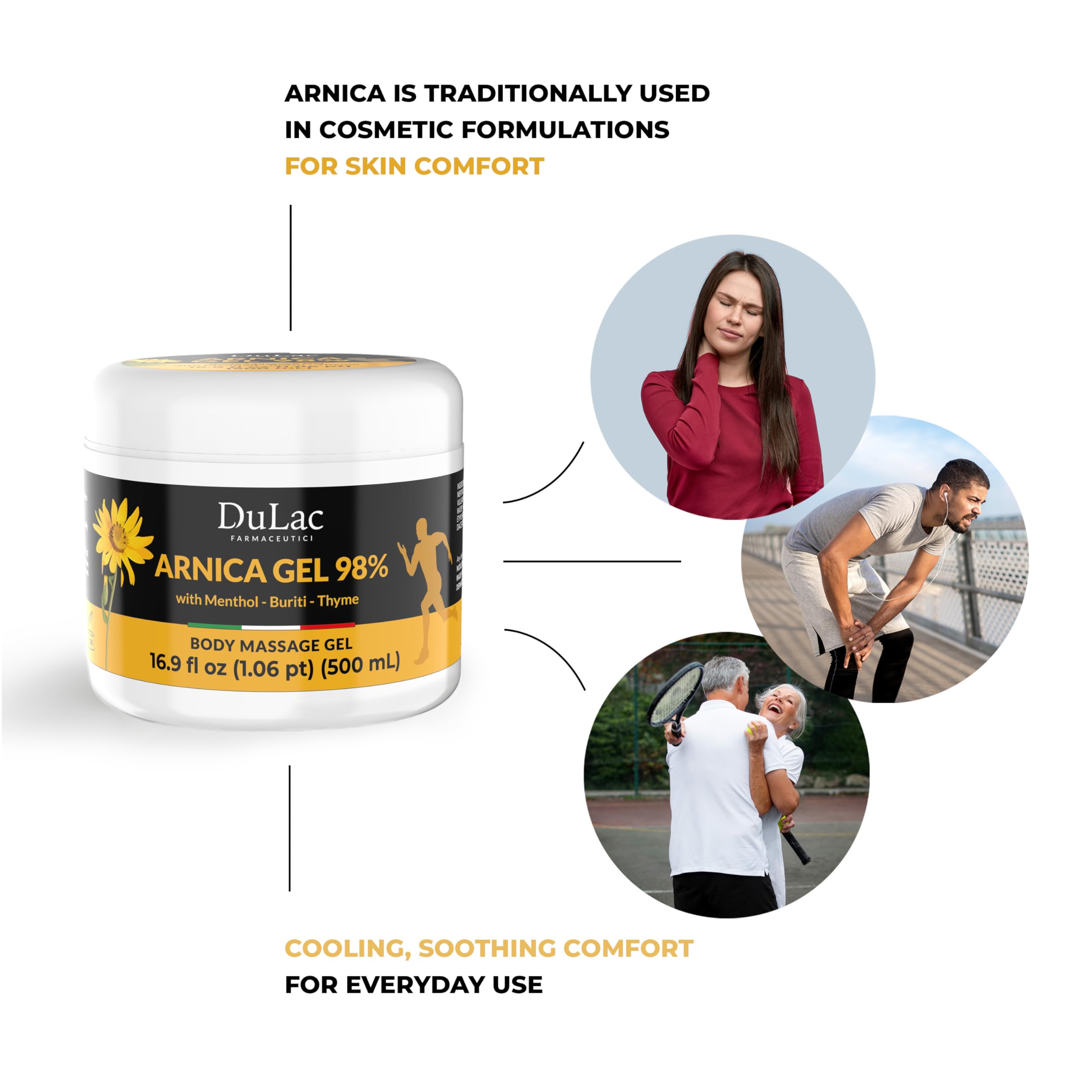 Dulac Arnica Body Massage Gel – Water-Based Cosmetic Massage Gel with Arnica Montana, Fast-Absorbing Lightweight Texture, Non-Greasy Feel, Dermatologically Tested, 16.9 fl oz DULÀC FARMACEUTICI 1982 Au supplements