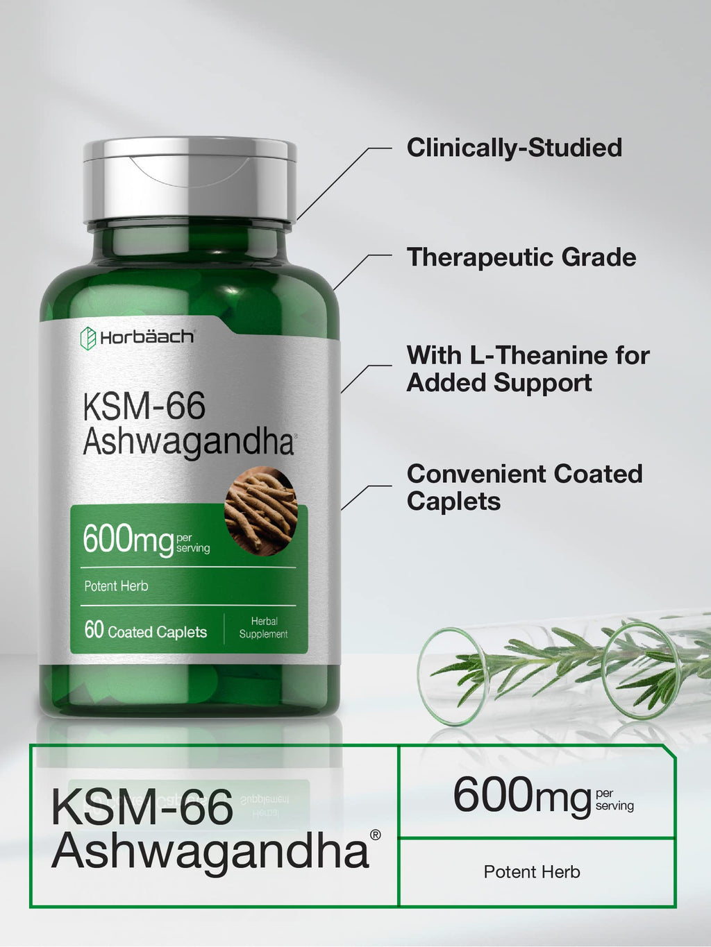 Horbäach KSM-66 Ashwagandha 600mg | with L-Theanine | 60 Coated Caplets | Vegan, Non-GMO, Gluten Free Complex Supplement Horbäach Au supplements