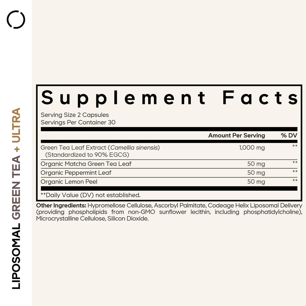 Codeage Liposomal Green Tea+ Ultra Potency - EGCG 90% Green Tea Extract, Organic Matcha Green Powder, Peppermint, Lemon Peel - Vegan, Non-GMO, Gluten-Free - Liposomal Delivery - 60 Capsules Codeage Au supplements