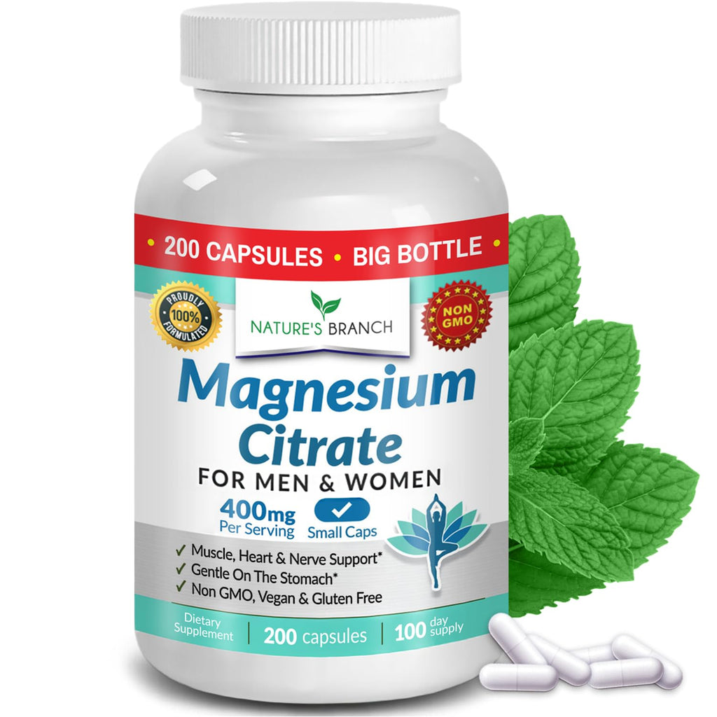 Magnesium Citrate 400mg | 200 Capsules, High Absorption for Sleep, Relax, Leg Cramps, Energy, Extra Strength Easy to Swallow Small Pills for Women & Men, Vegan Supplement for Digestion, Not Tablets NATURE'S BRANCH Au supplements