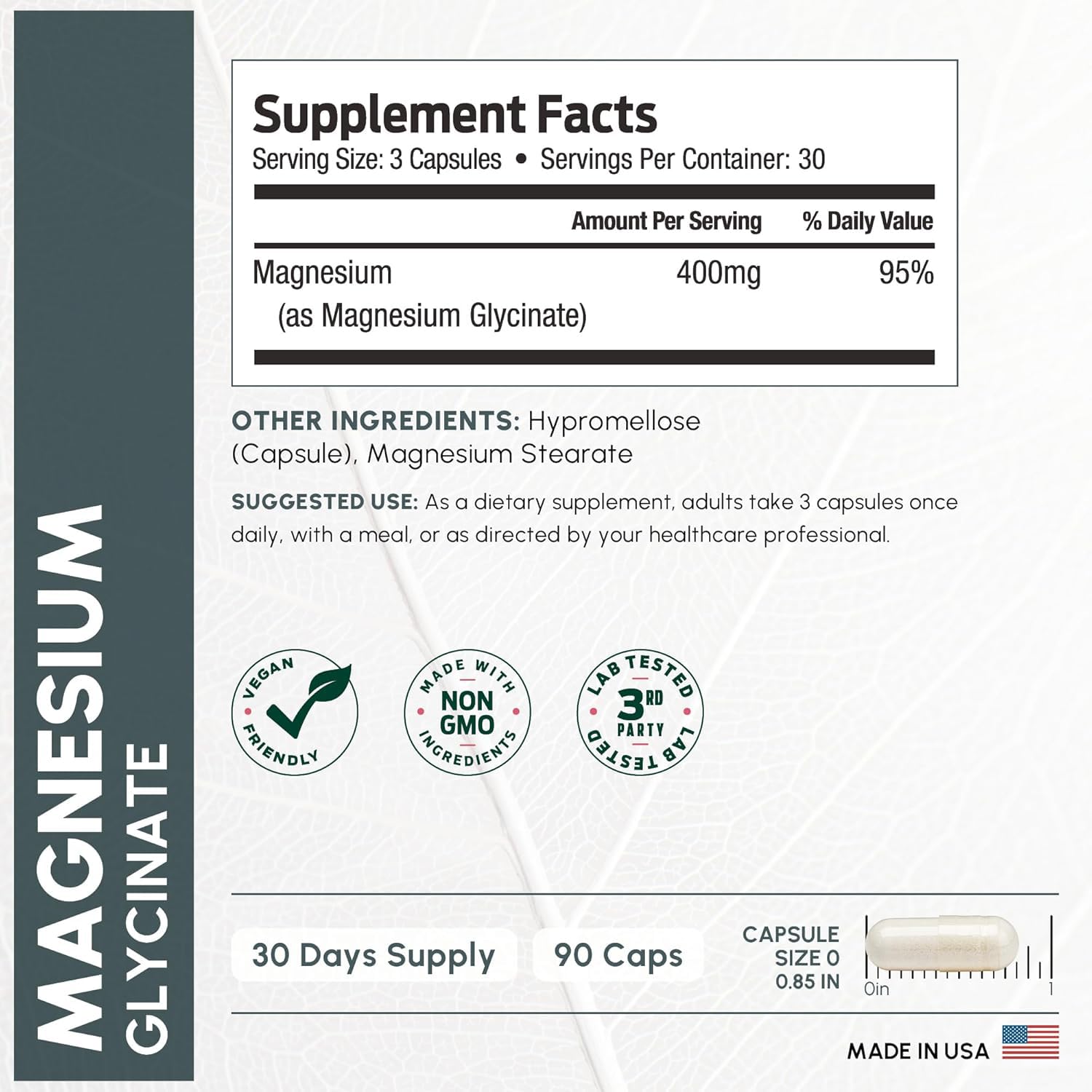 Pure Magnesium Glycinate 400mg Serving - High Absorption Magnesium Glycinate - Mag Bisglycinate for Stress, Bones, Muscles, Nerves,