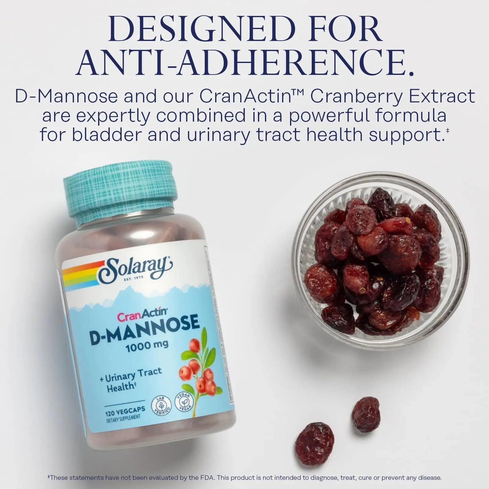 SOLARAY D-Mannose 1000mg with CranActin Cranberry Supplement 400mg, Urinary Tract Health & Bladder Support Capsules with Vitamin C, Vegan, 60 Day Guarantee, 60 Servings, 120 VegCaps (120 CT) SOLARAY Au supplements