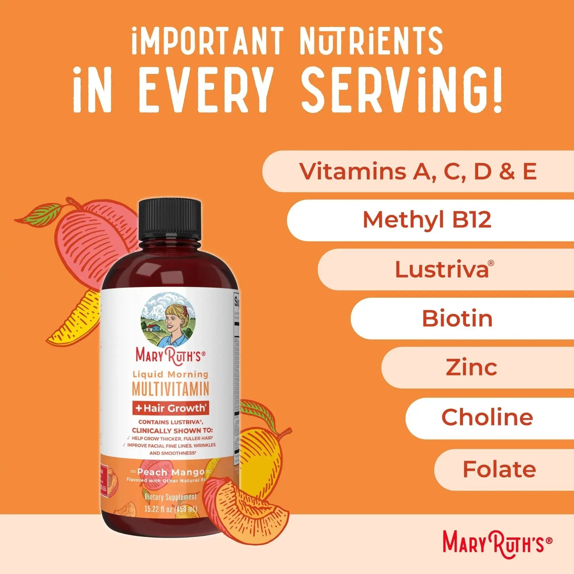 MaryRuth's MaryRuth's Liquid Morning Multivitamin +Hair Growth (Peach Mango, 15.22oz) & Iron Liquid (Berry) | Clean Label Project Verified® | MARYRUTH'S Au supplements