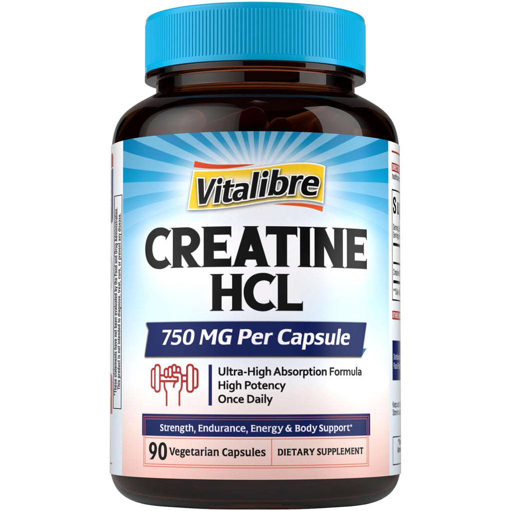 Vitalibre Creatine HCl Capsule, 750mg High Absorption Creatine Hydrochloride, Endurance, Strength, Fast Absorbing, No Load, No Bloat, Monohydrate Micronized Alternative, Once Daily, 90 Capsules Vitalibre Au supplements