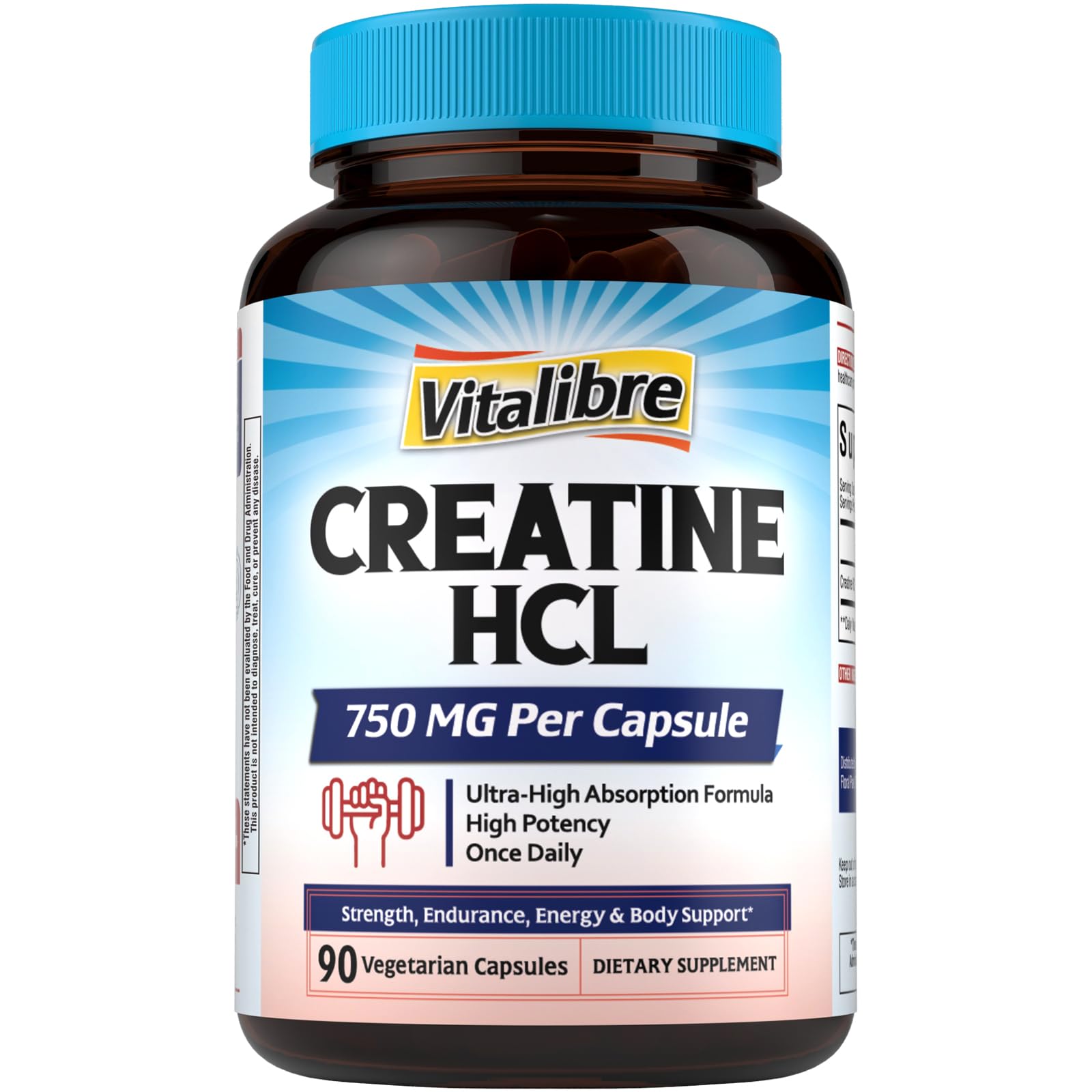 Vitalibre Creatine HCl Capsule, 750mg High Absorption Creatine Hydrochloride, Endurance, Strength, Fast Absorbing, No Load, No Bloat, Monohydrate Micronized Alternative, Once Daily, 90 Capsules Vitalibre Au supplements