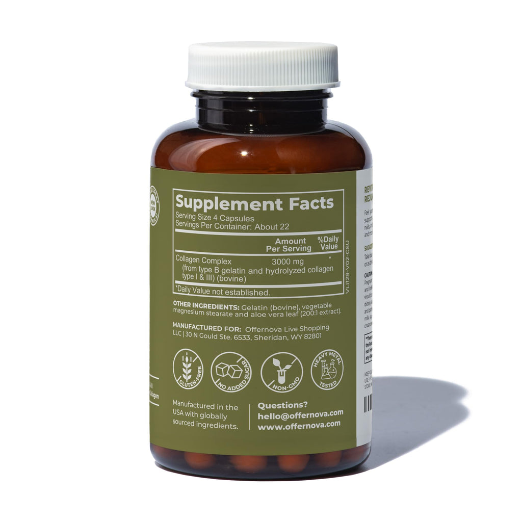 Offernova Collagen Ultra Hydrolyzed Collagen Supplements - 3000mg Anti Aging Bovine Collagen Peptides for Healthy Joints, Bones, Hair and Skin.