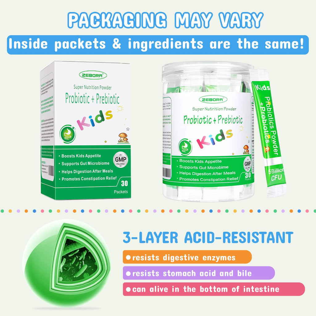 ZEBORA Kids Probiotic & Prebiotics Powder Age 3+ Support Children's Digestive & Immune System with Natural Source, Promotes Constipation Relief, Non-GMO
