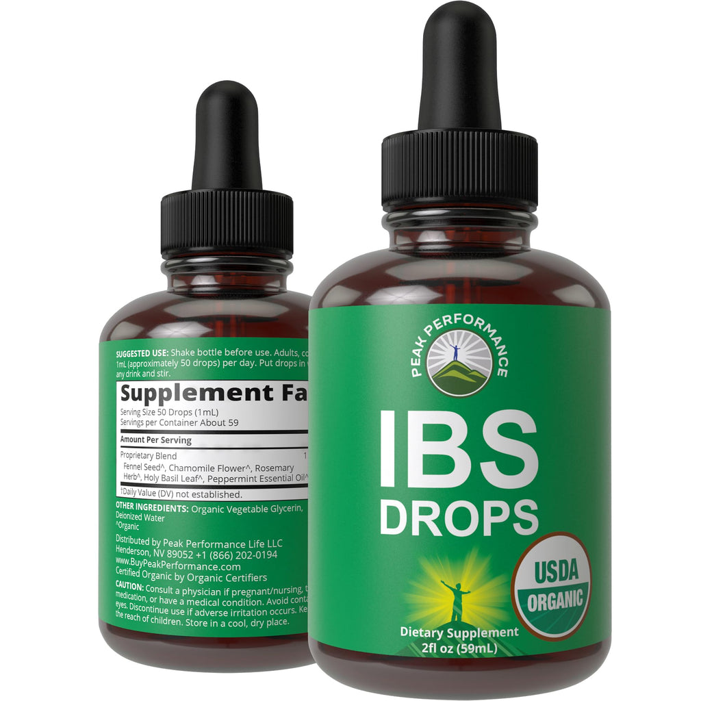 USDA Organic IBS Relief 5-in-1 Liquid Drops. for Ingestion, Bloating, Gas. Irritable Bowel Supplement with 5 Organic Ingredients. Peppermint Oil, Fennel Seed, Chamomile Flower, Rosemary, Holy Basil Peak Performance Au supplements