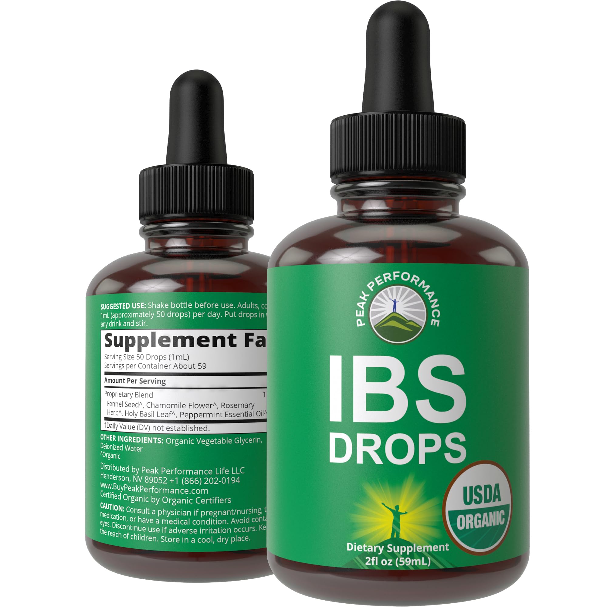 USDA Organic IBS Relief 5-in-1 Liquid Drops. for Ingestion, Bloating, Gas. Irritable Bowel Supplement with 5 Organic Ingredients. Peppermint Oil, Fennel Seed, Chamomile Flower, Rosemary, Holy Basil Peak Performance Au supplements