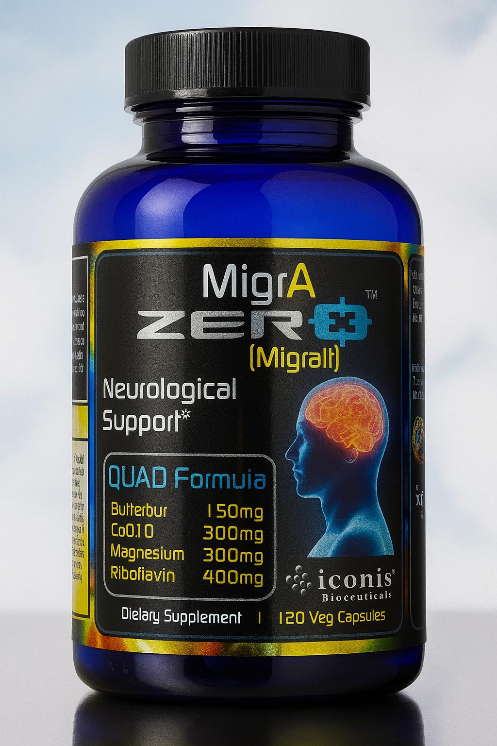 Migraine Relief, Quad-Formula with PA-Free Butterbur (150mg), CoQ10 (300mg), Magnesium Glycinate (300mg), High-Dose Riboflavin (400mg) - MigrA Zero (120 Caps) Optimal Dosing for Migraine Sufferers Iconis Bioceuticals Au supplements