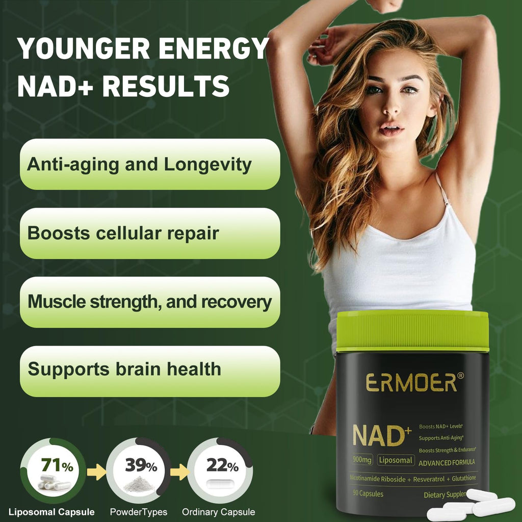ERMOER NAD Liposomal Nicotinamide Riboside with Resveratrol & Quercetin 900mg, NAD Resveratrol Supplement for Anti Aging, Energy, Antioxidant, Focus (90 Count) ERMOER Au supplements