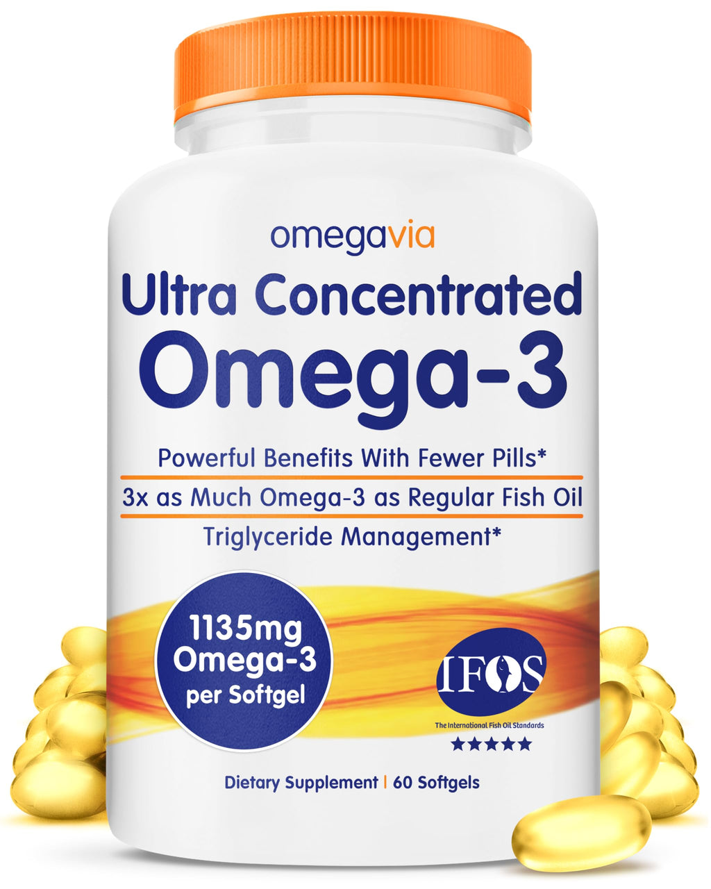 OmegaVia Ultra Concentrated Omega 3 Fish Oil Burpless, 60 Softgels, Triple Strength Omega 3 Fish Oil Supplements, 1135 mg Pure Omega3