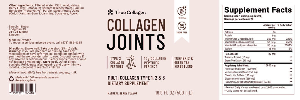 True Collagen Joints | 10,000 mg Hydrolyzed Collagen Liquid Supplement - 500 ml, 20 Day Supply | Glucosamine, MSM and Chondroitin for Healthy Joints | Fat-Free, Sugar-Free, 100% Natural Berry Flavor True Collagen Au supplements