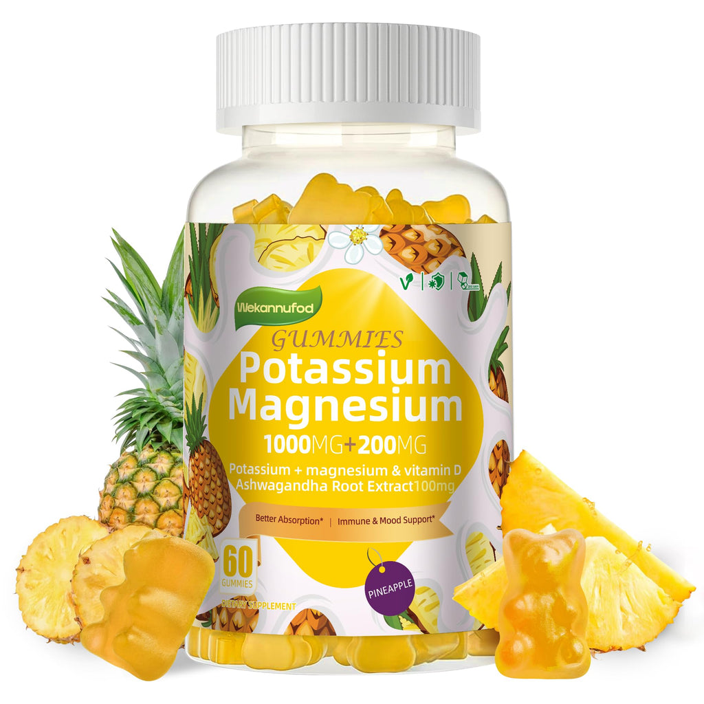 Potassium Magnesium Gummies,High Absorption Magnesium Glycinate,B6,D3,Potassium Citrate for Leg Cramps,Muscle,Electroyte for Adults Kids,Sugar-Free, 60 Gummies (Pineapple) Wekannufod Au supplements
