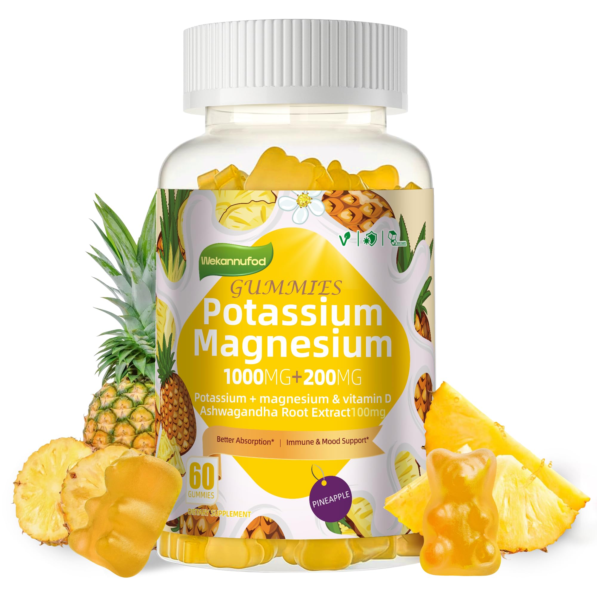 Potassium Magnesium Gummies,High Absorption Magnesium Glycinate,B6,D3,Potassium Citrate for Leg Cramps,Muscle,Electroyte for Adults Kids,Sugar-Free, 60 Gummies (Pineapple) Wekannufod Au supplements