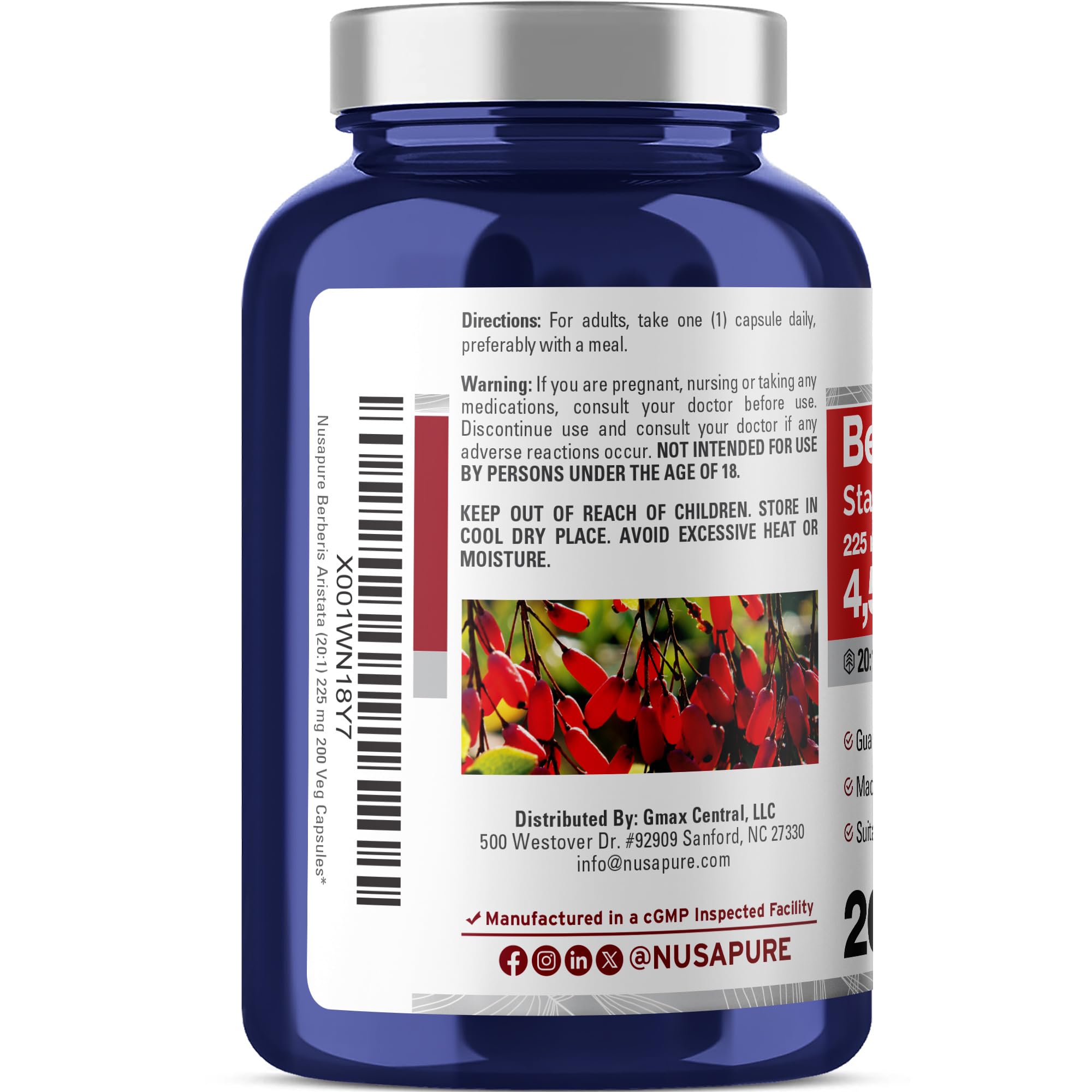 NusaPure Berberine HCI 20:1 Extract, 225 mg Equivalent to 4,500mg - 200 Veggie Caps - (Vegetarian, Non-GMO, Vegan) NusaPure Au supplements