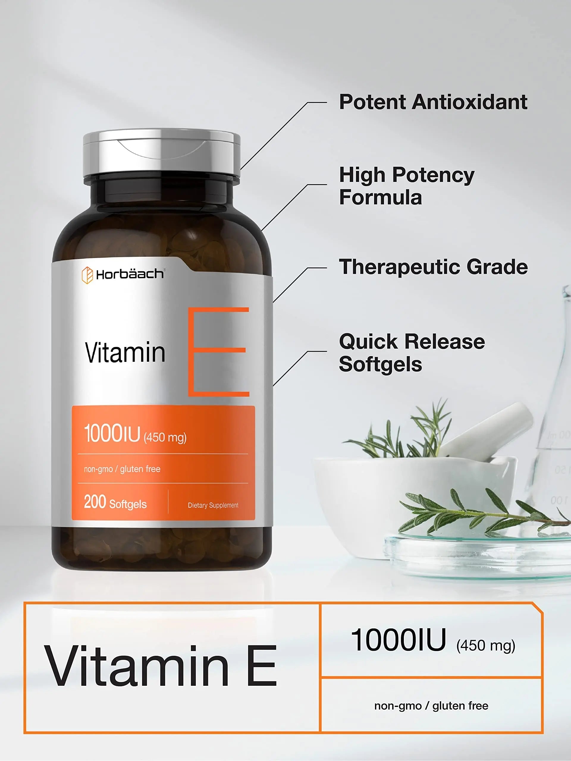 Vitamin E 1000 IU Softgel Capsules | 200 Count | Non-GMO, Gluten Free, Preservative Free Horbäach Au supplements