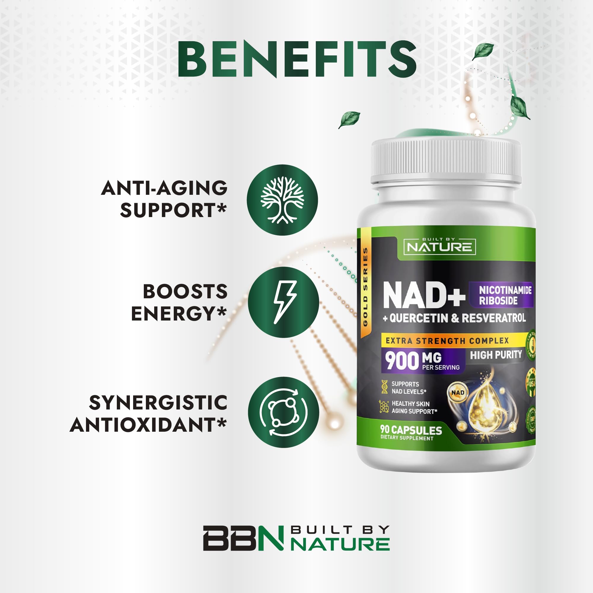 Built by Nature NAD Supplement – NAD+ Nicotinamide Riboside with Resveratrol & Quercetin 900mg Formula – NMN Alternative Supplement for Energy, Cellular Health & Anti-Aging – 90 Capsules Built by Nature Au supplements