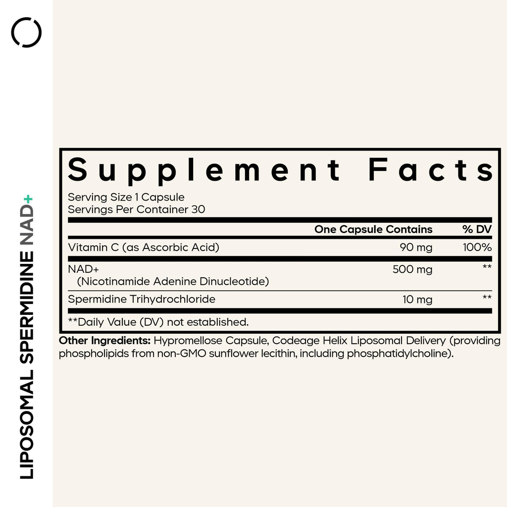 Codeage Liposomal Spermidine NAD+ Spermidine Supplement - 500 Mg NAD+ Vitamin C - Liposomal Delivery - Nicotinamide Adenine Dinucleotide Pills - 1 Capsule Per Serving - Vegan, Non-GMO - 30 Capsules Codeage Au supplements