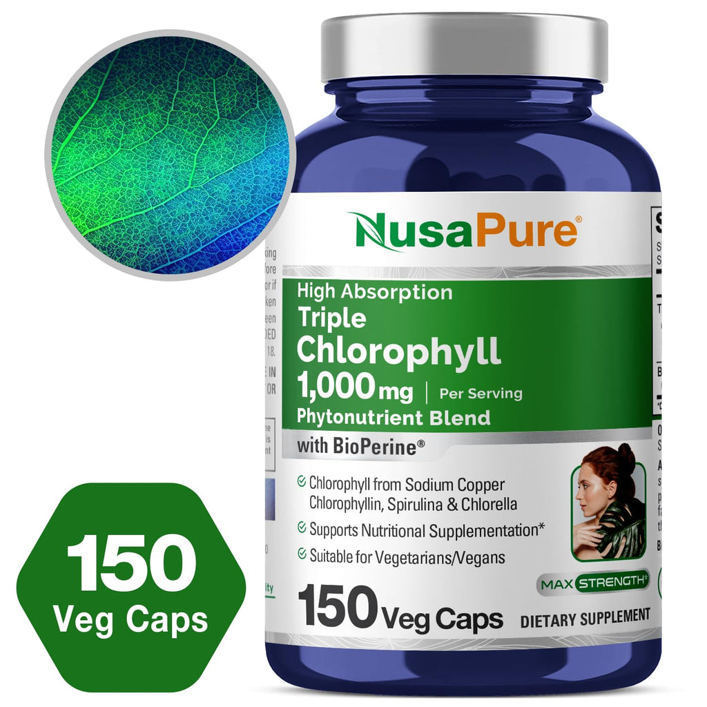 NusaPure High Absorption Triple Chlorophyll 1000 mg 150 Veg Caps Suitable for Vegetarians and Vegans, Non-GMO NusaPure Au supplements