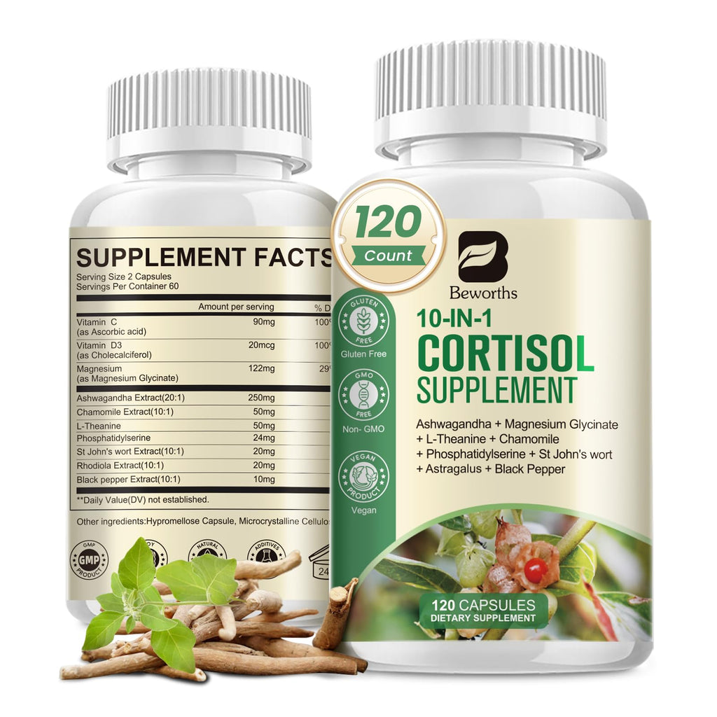 B BEWORTHS Cortisol Supplements for Women Men, 10-in-1 Cortisol Detox with Ashwagandha, Magnesium, L-Theanine, Balanced Cortisol Levels, Night & Calm Support, 120 Vegan Capsules B BEWORTHS Au supplements