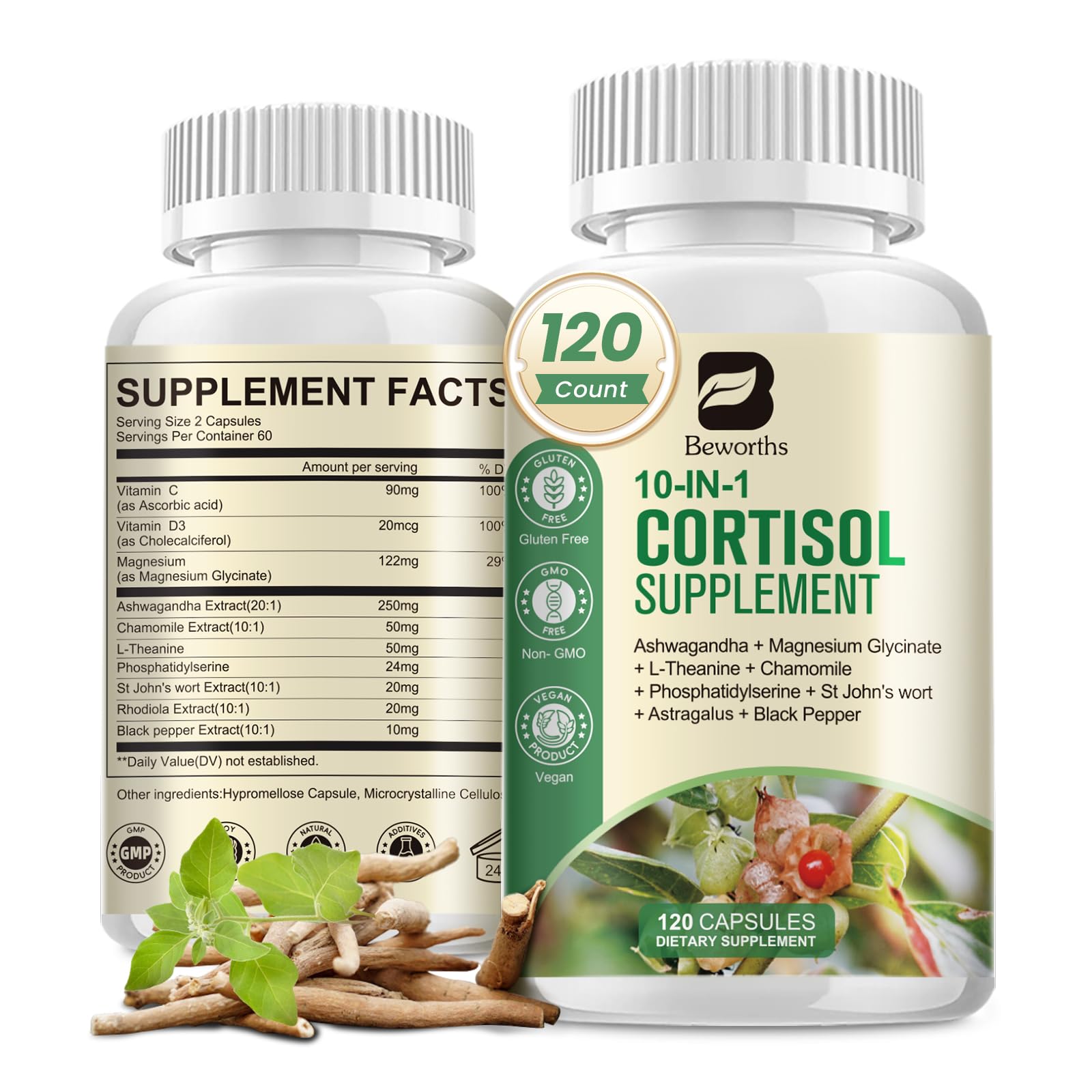 B BEWORTHS Cortisol Supplements for Women Men, 10-in-1 Cortisol Detox with Ashwagandha, Magnesium, L-Theanine, Balanced Cortisol Levels, Night & Calm Support, 120 Vegan Capsules B BEWORTHS Au supplements