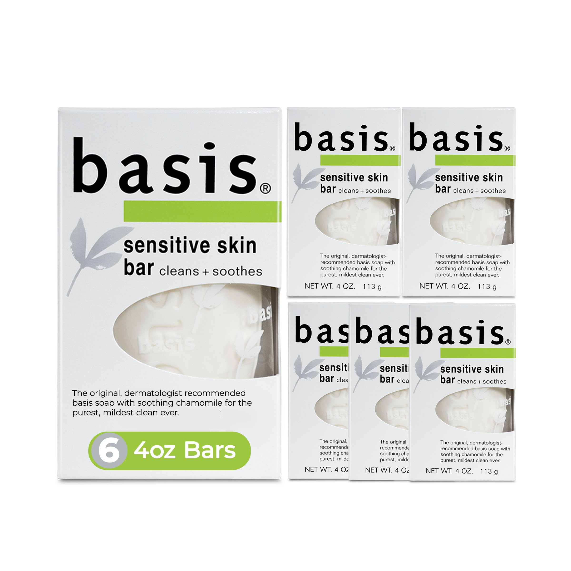 Basis Sensitive Skin Bar Soap for Body, Hands and Face, Unscented Soap Bar for Sensitive Skin with Chamomile and Aloe Vera