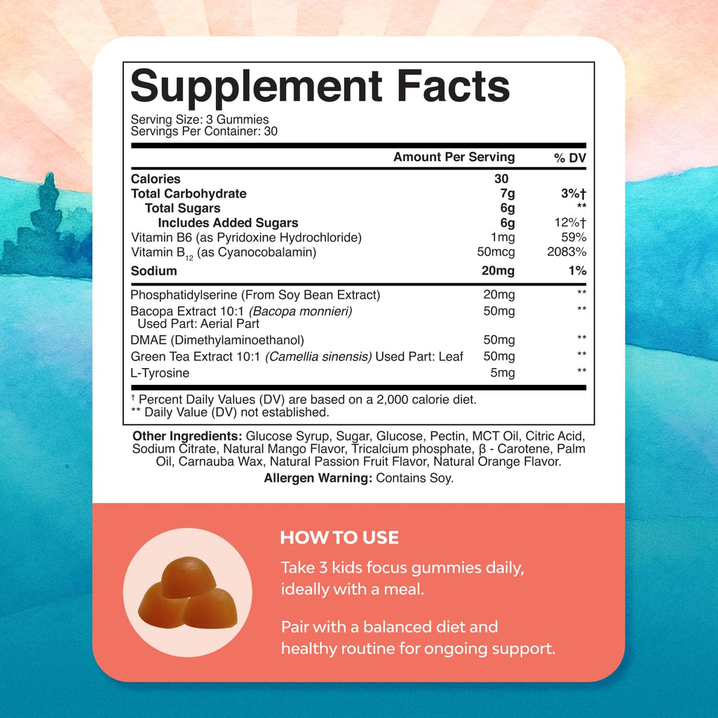 Kids Focus Gummies - Nootropics Brain Support Supplement for Kids with Green Tea Extract, B6 & B12 Vitamins for Memory and Brain Focus - Herbal Concentration Chews for Children - 90 Count Natures Craft Au supplements
