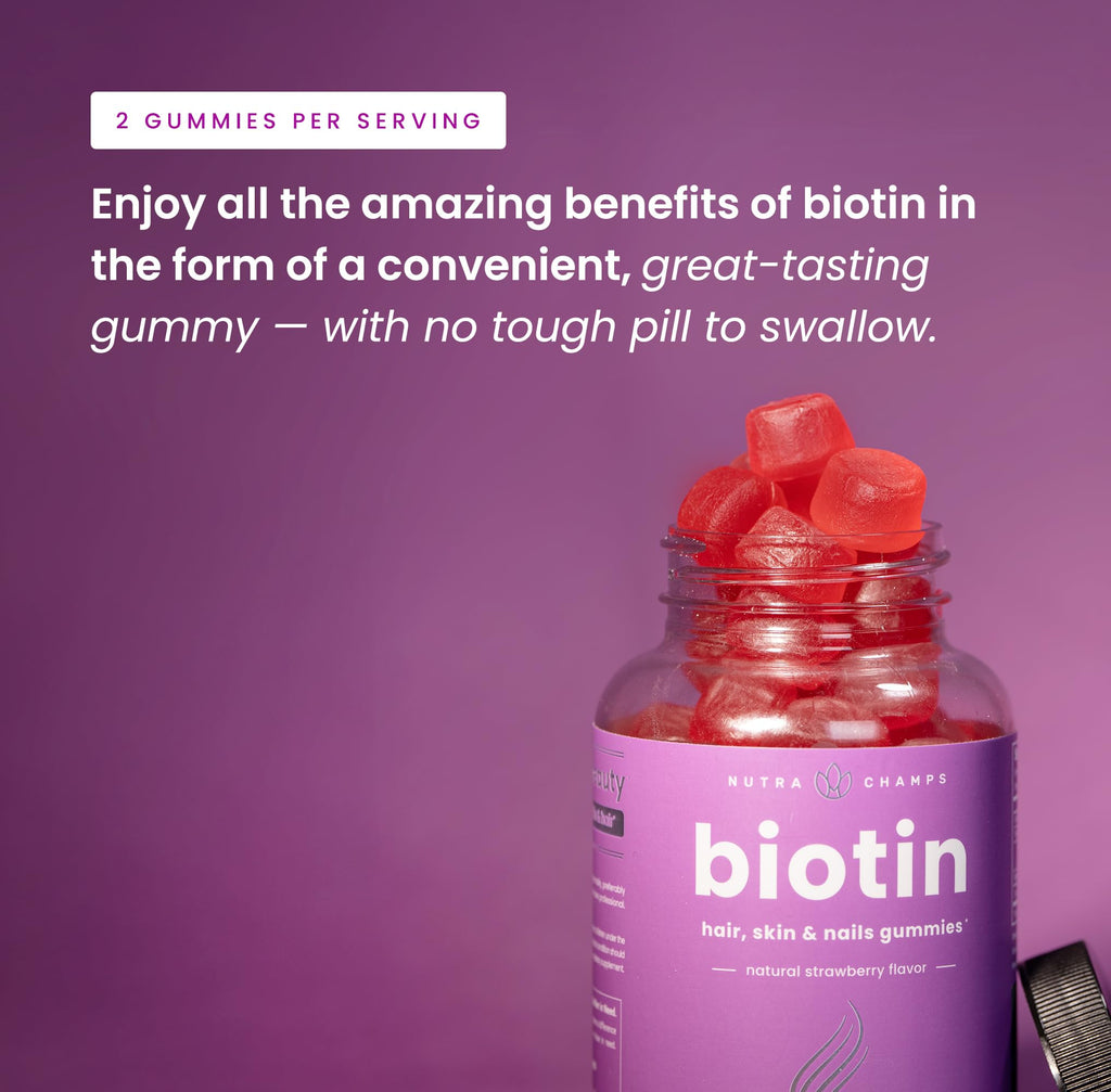 NutraChamps (2 Pack) Biotin Gummies 10,000mcg [High Potency] for Healthy Hair, Skin & Nails for Adults & Kids - 5000mcg in Each Gummy Vitamin - Vegan, Non-GMO