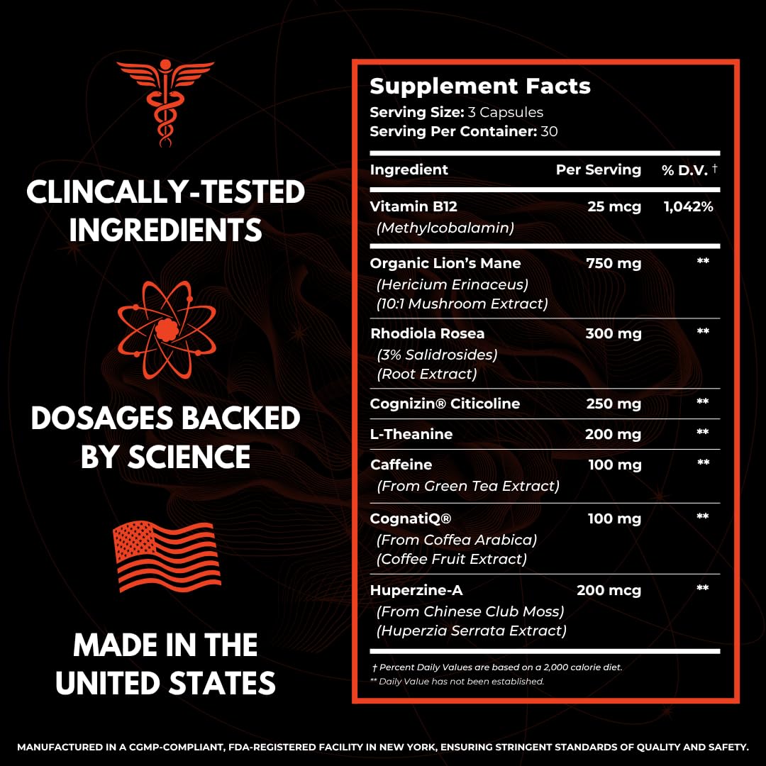 Advanced Nootropic Brain Supplement for Energy, Memory, & Focus | Lion's Mane, Caffeine, L-Theanine, and 5 Additional All-Natural Ingredients to Improve Cognitive Health (90 Capsules) HUMBLEROOTS PERFORMANCE Au supplements
