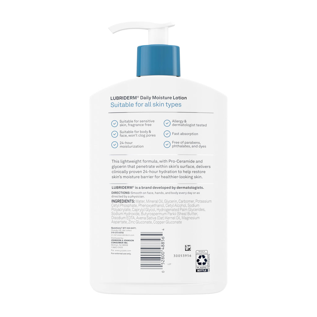 Lubriderm Fragrance Free Daily Moisture Lotion + Pro-Ceramide, Shea Butter & Glycerin, Face, Hand & Body Lotion for Sensitive Skin