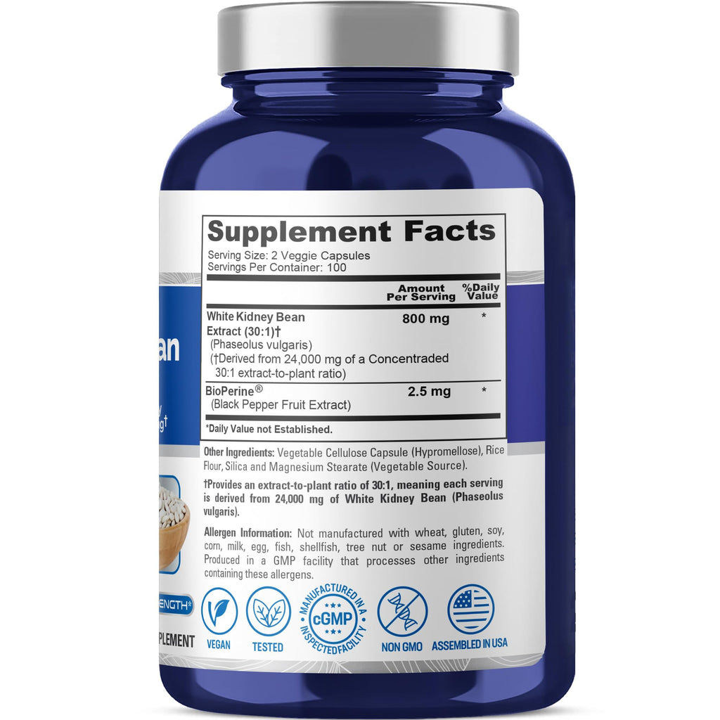 NusaPure White Kidney Beans 30:1 Extract, 800 mg Equivalent to 24,000 mg 200 Vegan Capsules - Bioperine - (Vegan, Non-GMO) NusaPure Au supplements