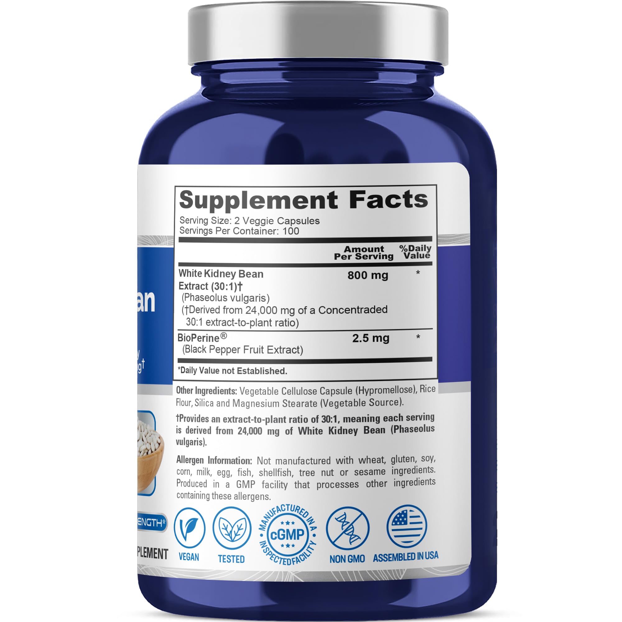 NusaPure White Kidney Beans 30:1 Extract, 800 mg Equivalent to 24,000 mg 200 Vegan Capsules - Bioperine - (Vegan, Non-GMO) NusaPure Au supplements