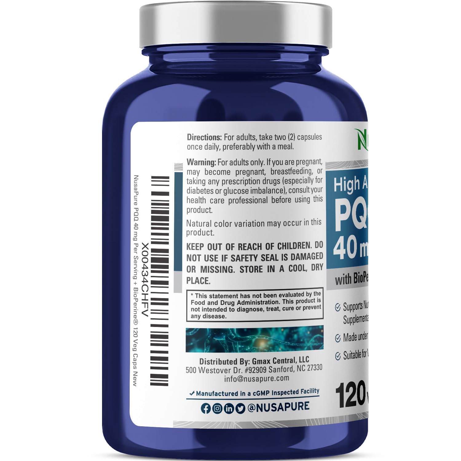 NusaPure PQQ Supplement 40 mg, 120 Veggie Capsules, Non-GMO, Pyrroloquinoline Quinone Disodium Salt, Bioperine & Vegan NusaPure Au supplements