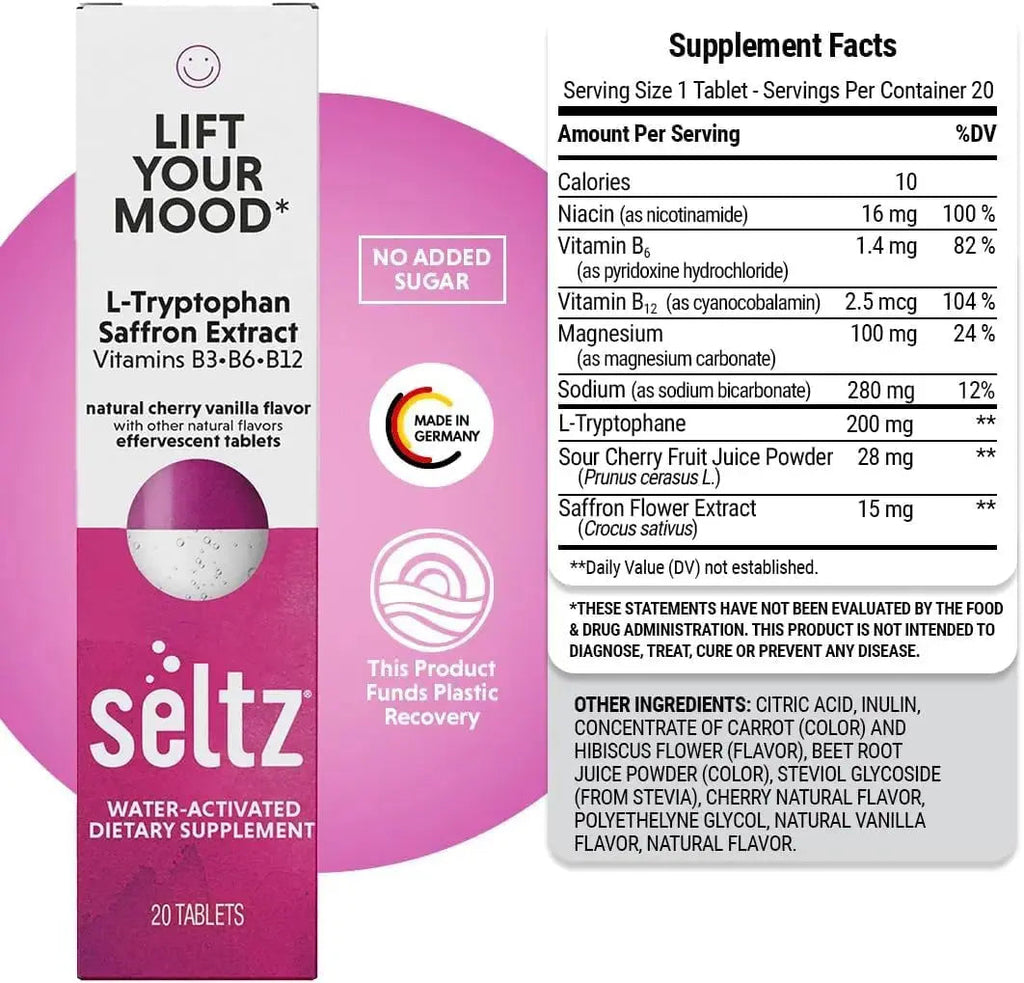 Seltz® Lift Your Mood – Effervescent Vitamins for Mood Support & Energy with L-Tryptophan, Saffron Extract & B Vitamins (B3, B6, B12) Seltz Au supplements