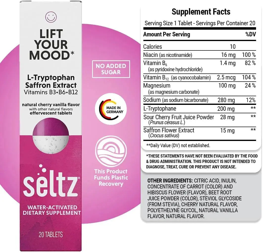 Seltz® Lift Your Mood – Effervescent Vitamins for Mood Support & Energy with L-Tryptophan, Saffron Extract & B Vitamins (B3, B6, B12) Seltz Au supplements