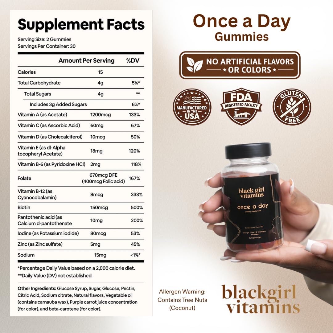Black Girl Vitamins Once a Day - Womens Multivitamin Gummy - Vitamin A, B, C, E and Zinc. Multivitamin for Women, Immune Support. Vegan