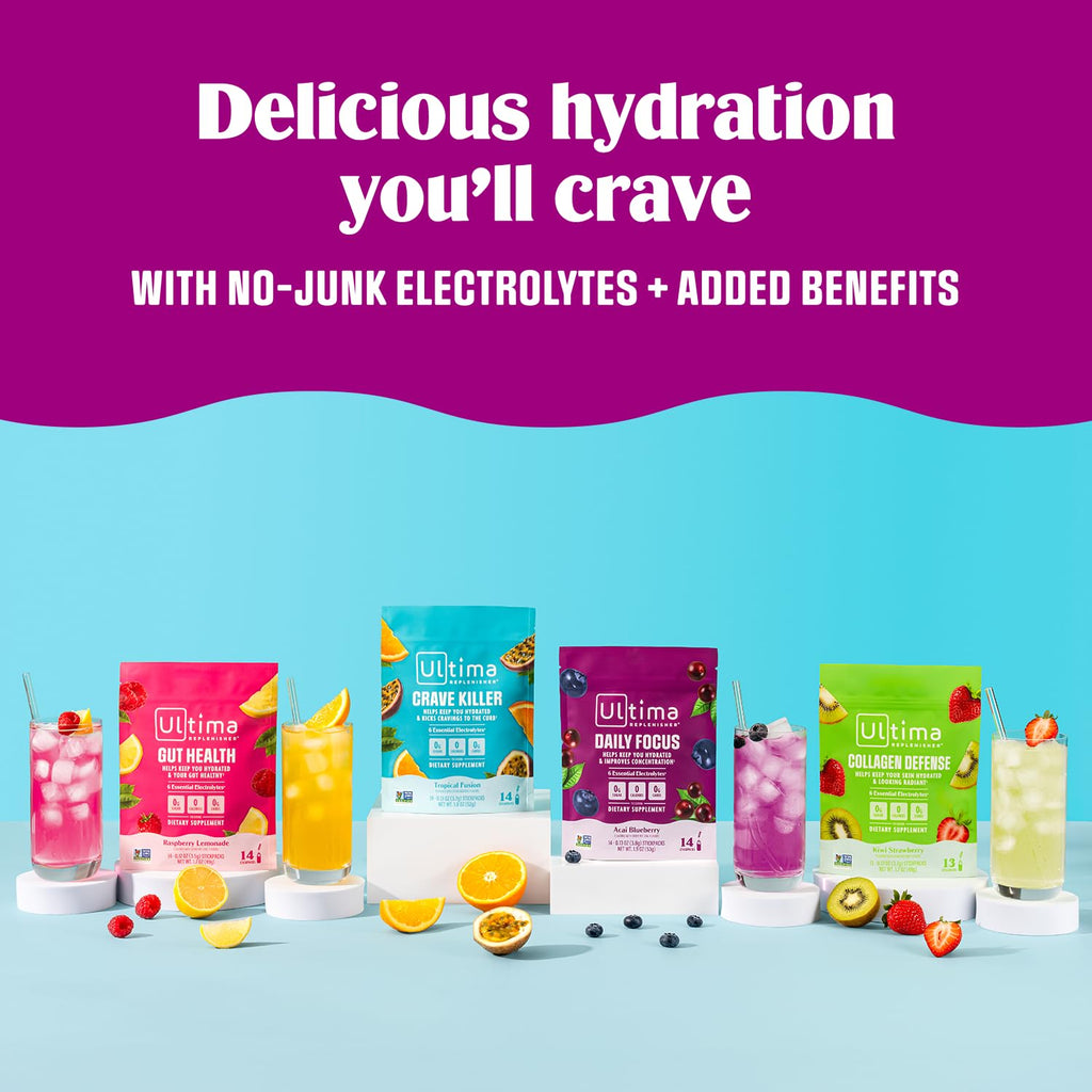 Ultima Replenisher Gut Health Supplement and Electrolytes Powder - Raspberry Lemonade, 14 Stickpacks
