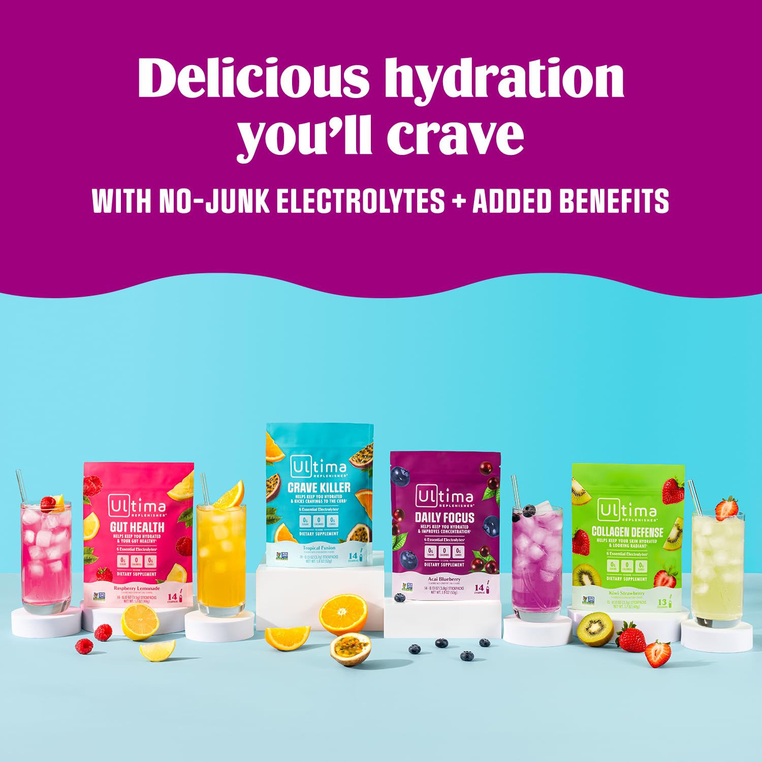 Ultima Replenisher Gut Health Supplement and Electrolytes Powder - Raspberry Lemonade, 14 Stickpacks