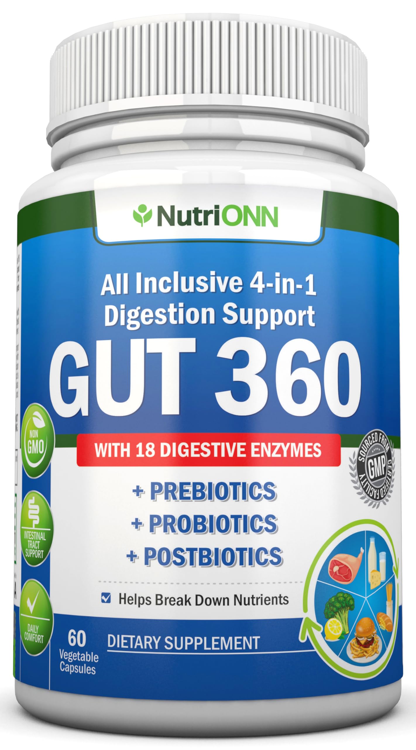 4-in-1 Probiotics, Prebiotics & Postbiotics with 18 Digestive Enzymes for Women & Men - Complete Gut & Digestive Support Supplement