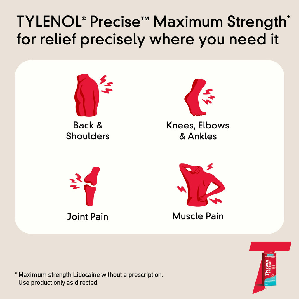 Tylenol Precise Cooling Cream, Strong Pain Relief with Fast-Acting Sensation, 4% Lidocaine, 1% Menthol, Maximum OTC Strength Relief for Back, Muscle & Joint, Numbing Cream Rollerball Applicator, 4 oz Tylenol Au supplements