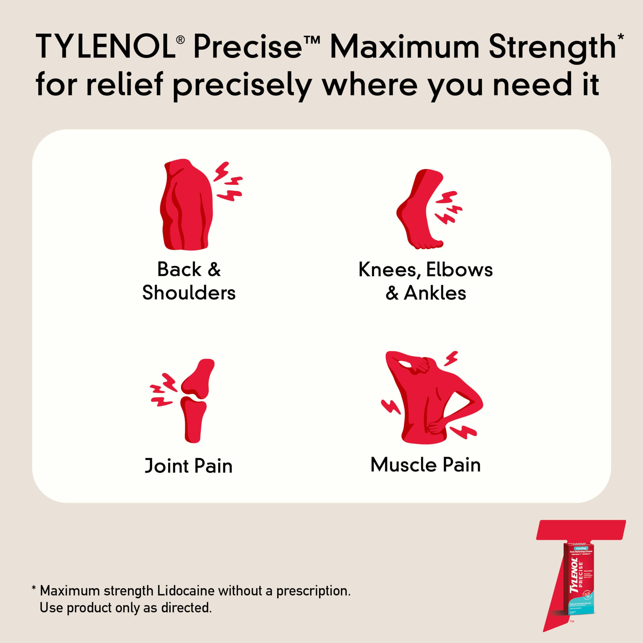 Tylenol Precise Cooling Cream, Strong Pain Relief with Fast-Acting Sensation, 4% Lidocaine, 1% Menthol, Maximum OTC Strength Relief for Back, Muscle & Joint, Numbing Cream Rollerball Applicator, 4 oz Tylenol Au supplements