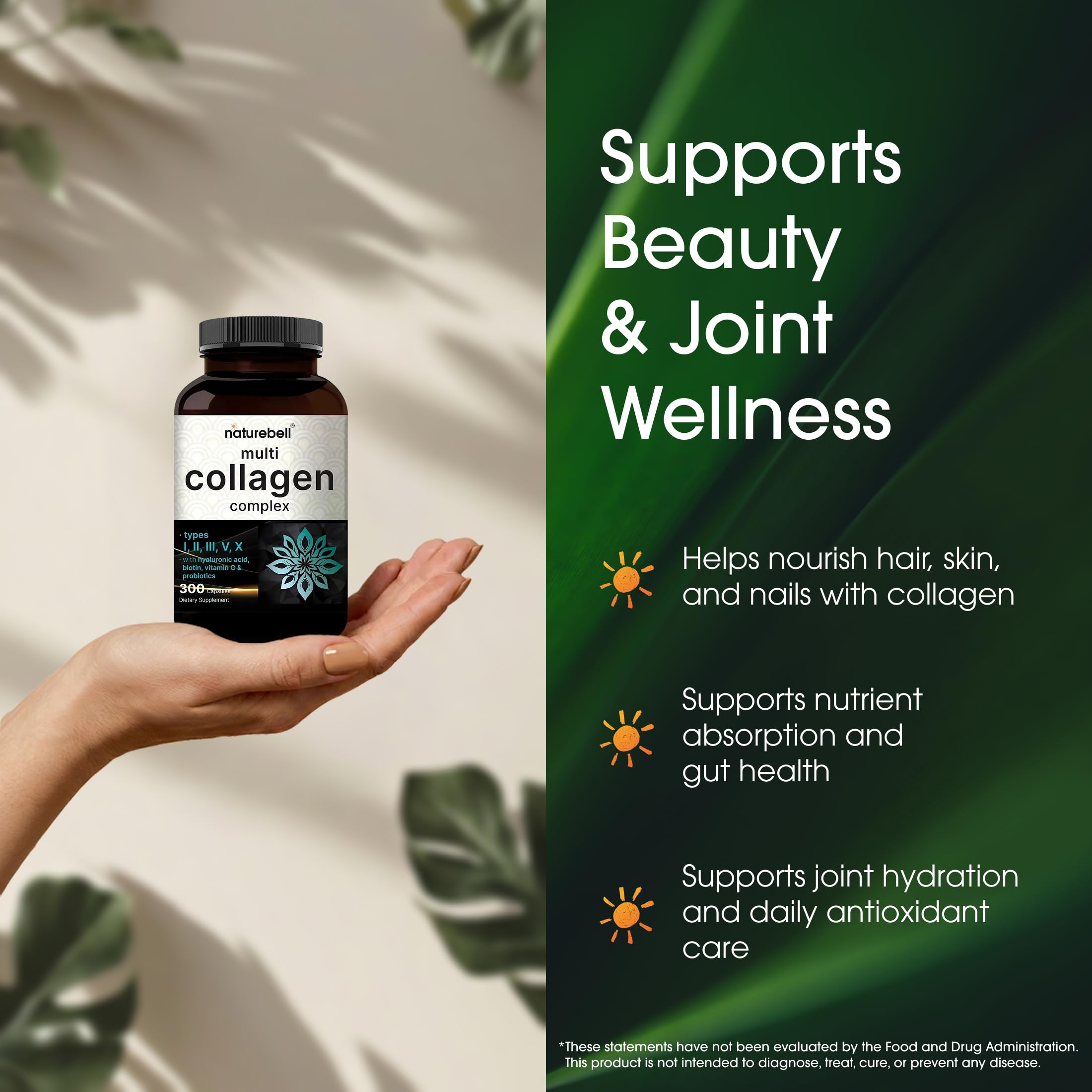 NatureBell Multi Collagen Complex - 300 Capsules - 5 Collagen Peptides (Type I, II, III, V, X), Hyaluronic Acid, Biotin & Probiotics